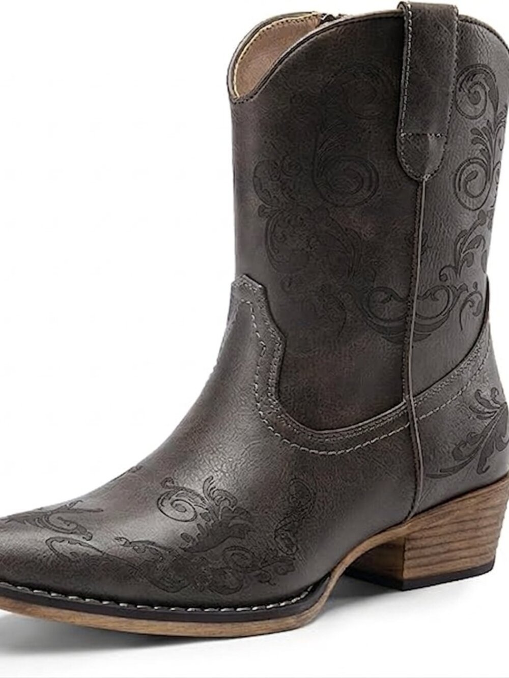 Women's Grey faux leather Cowgirl Boots Low Chunky Heels Toe Fall Short Shoes